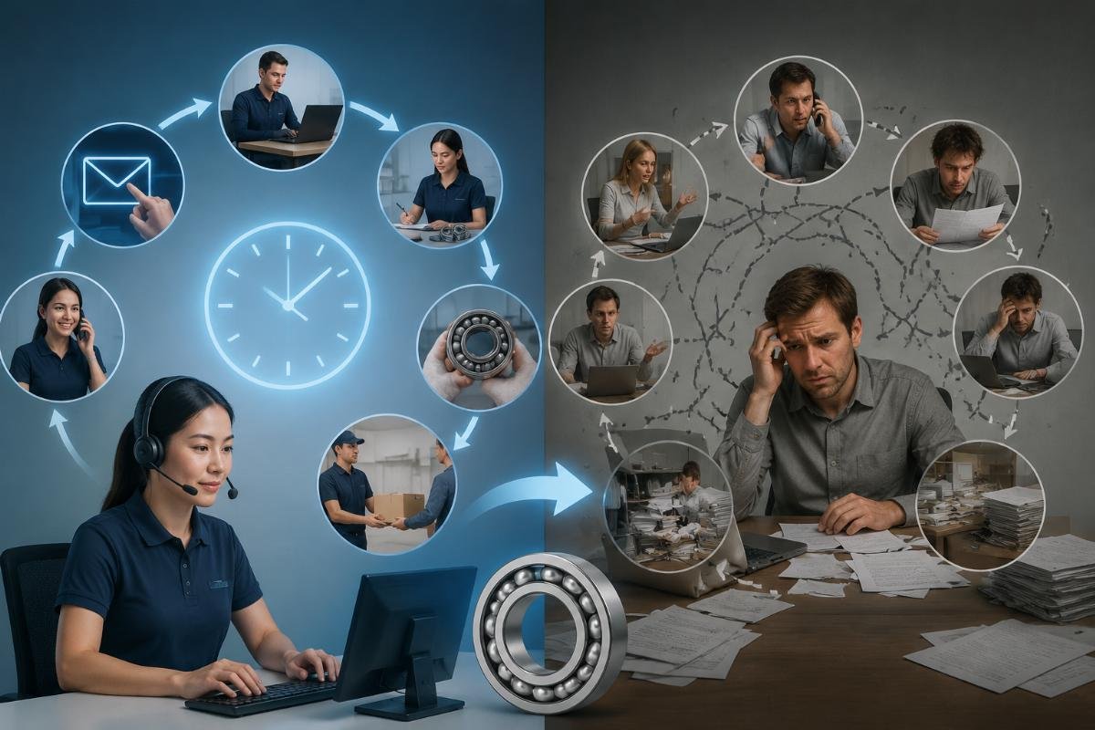 A side-by-side comparison of a structured 24-hour quotation workflow and a chaotic unstructured inquiry process