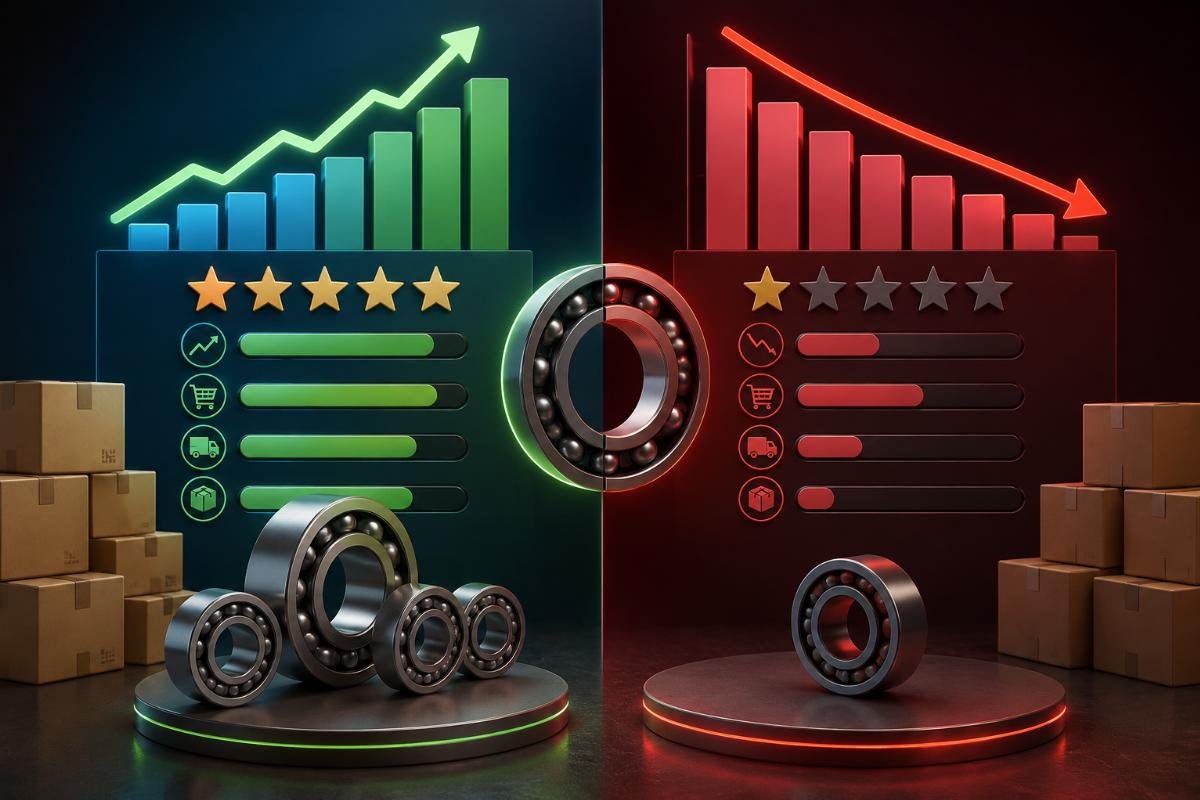 A side-by-side comparison of Amazon bearing listing performance metrics for aligned vs misaligned sourcing models