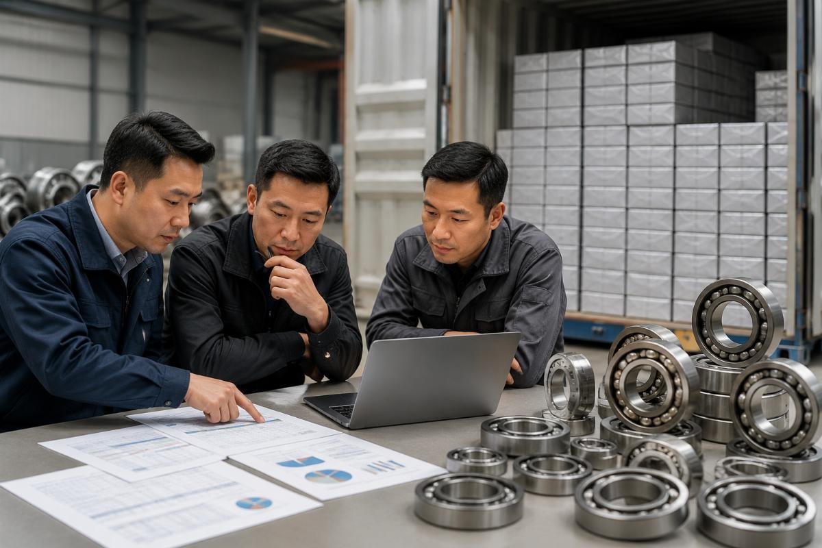Three regional bearing resellers reviewing profit calculation spreadsheets next to a stacked container of standard bearing SKUs