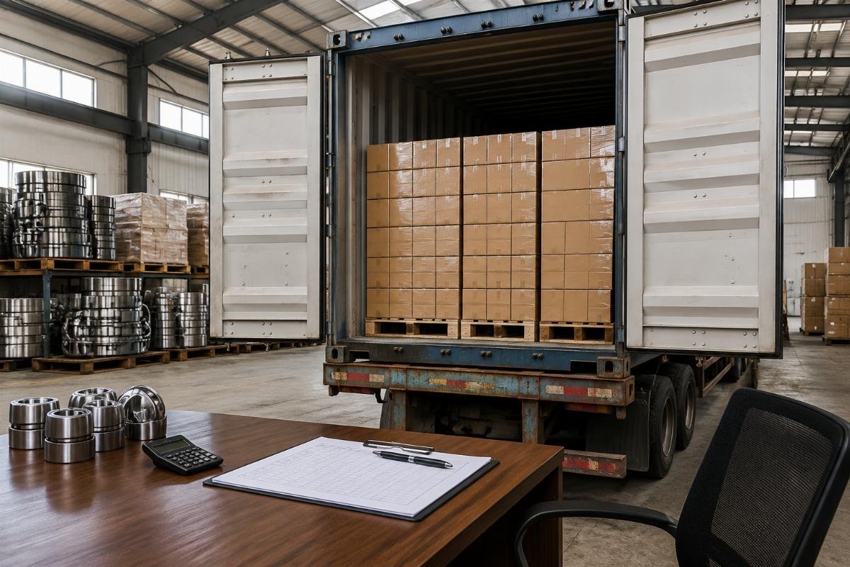 A 20ft shipping container loaded with stacked sealed bearing cartons, with a pricing sheet visible on a warehouse desk