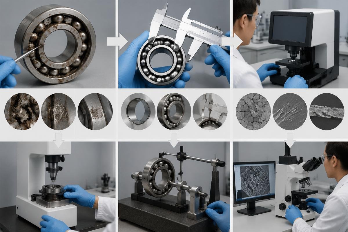 Bearing failure analysis workflow demonstrating root cause identification through visual inspection, dimensional measurement, and material testing Bearing Failure Analysis Process