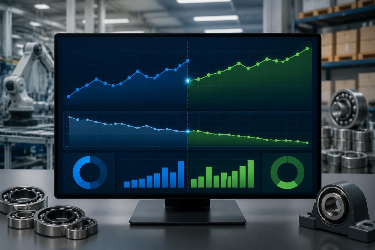 A dashboard showing monthly revenue and return rate trends for a bearing FBA seller before and after targeted strategy adjustments