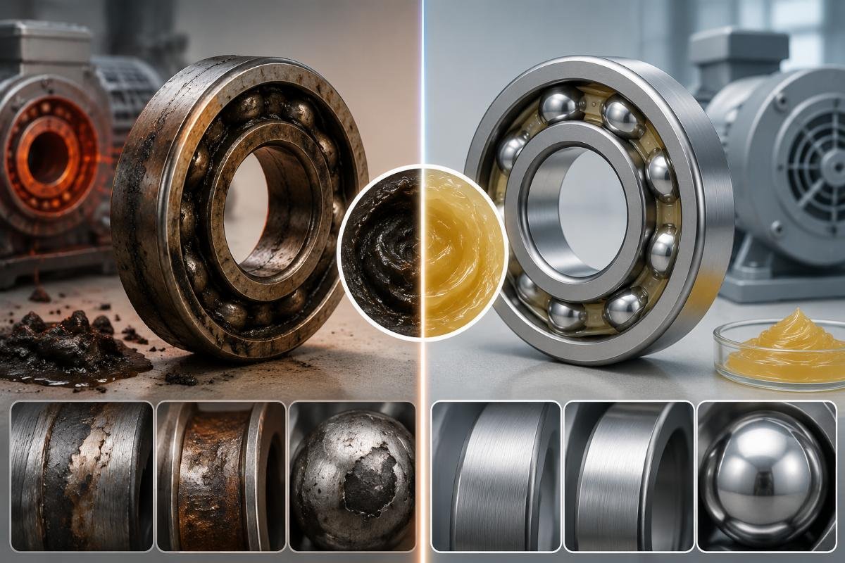 Bearing failure analysis comparison showing lubrication-related damage