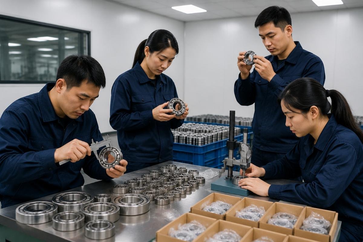 Bearing quality verification for urgent orders A quality control team checking bearing specifications before shipment