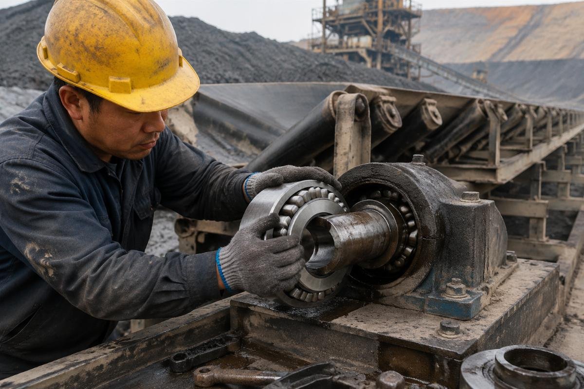 Bearing replacement for mining conveyor breakdown A maintenance worker installing a new spherical roller bearing on a conveyor line