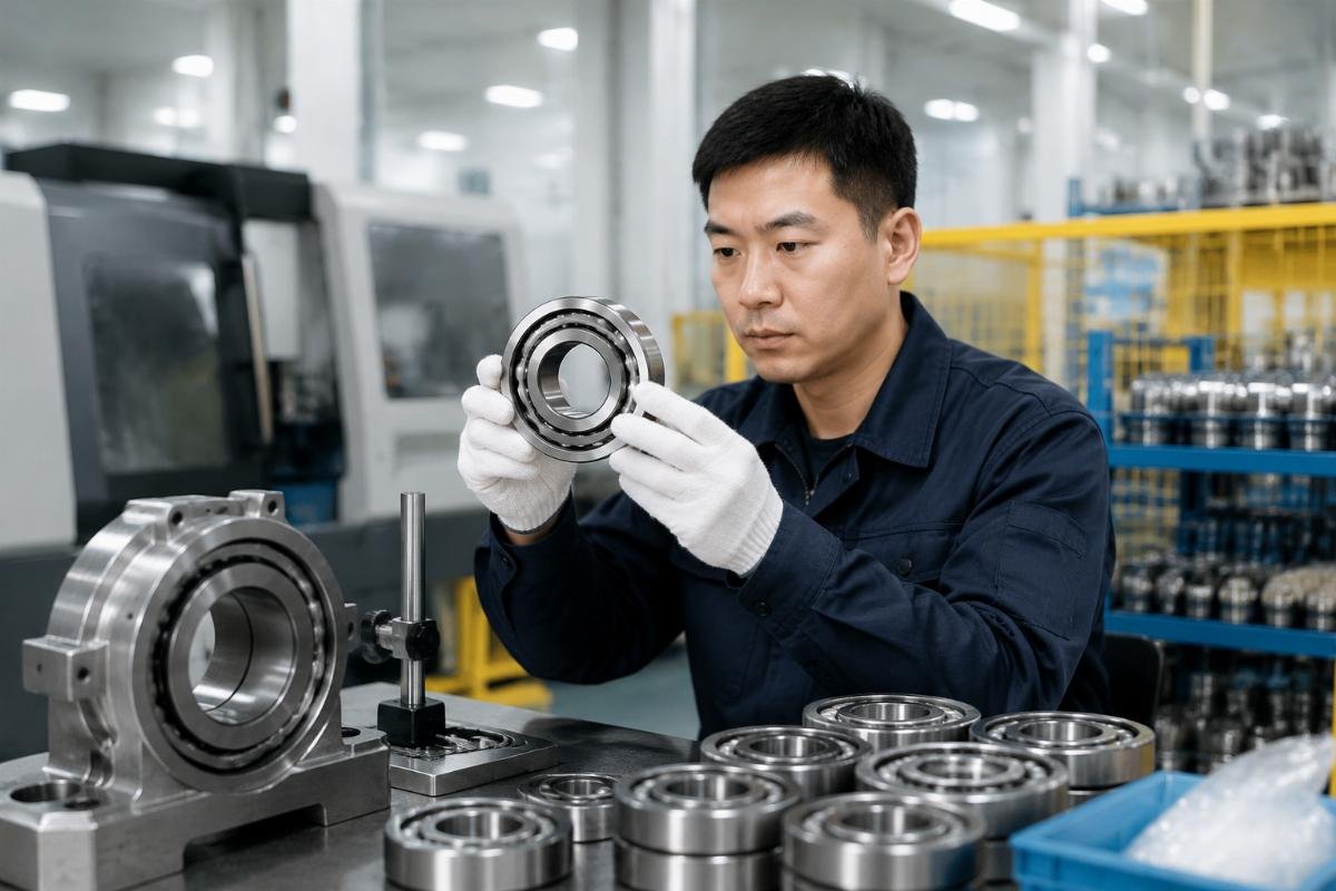 A quality control inspector reviewing bearing components in a factory setting