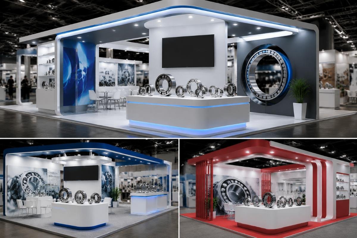 Three leading industrial trade show booth setup for bearing suppliers