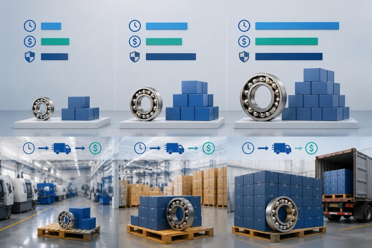 Tradeoff comparison of lead time, cost and warranty for 500, 1000 and 5000 bearing discount tiers
