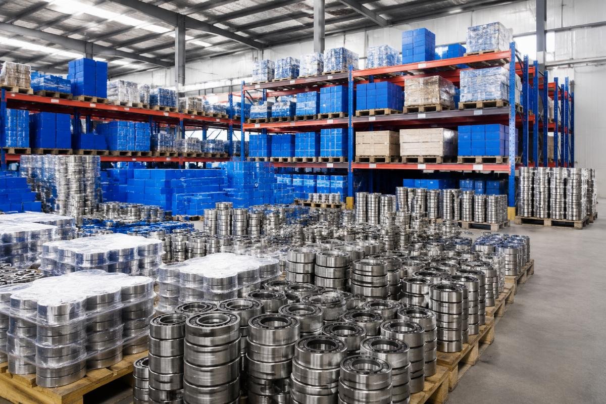Chinese aftermarket bearing stock for bulk orders Inventory of stacked bearing units in a warehouse storage facility