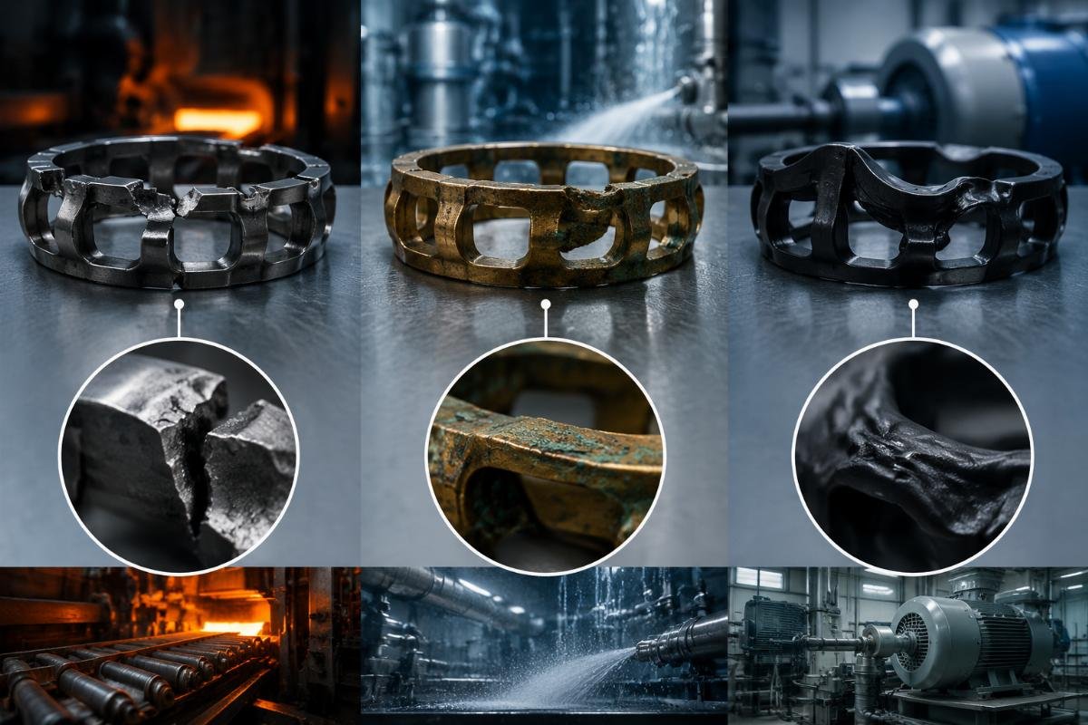 Common bearing cage failure modes showing steel fracture, brass corrosion, and polymer deformation under various operating conditions Bearing Cage Failure Analysis in Industrial Applications