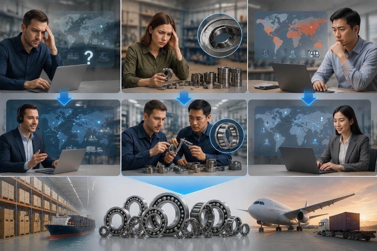 A visual breakdown of the three core pain points and corresponding agent solutions for global bearing buyers
