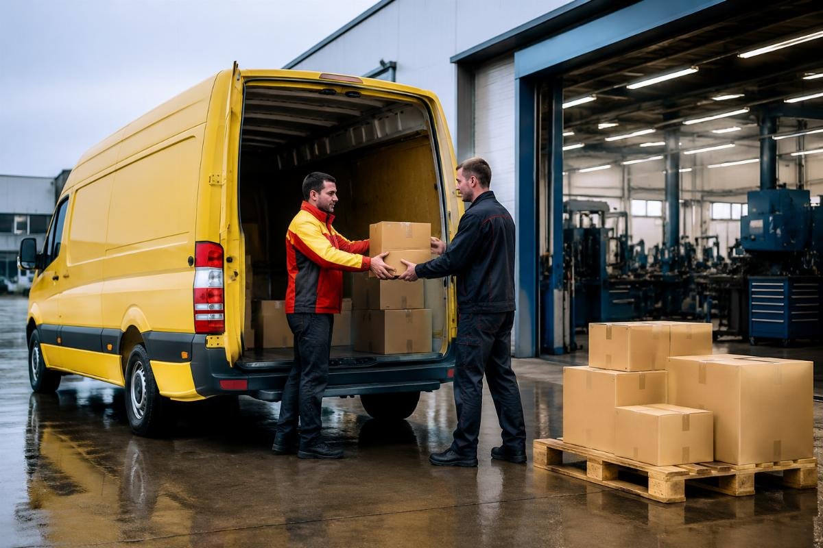 A DHL delivery van dropping off a shipment at a repair shop facility