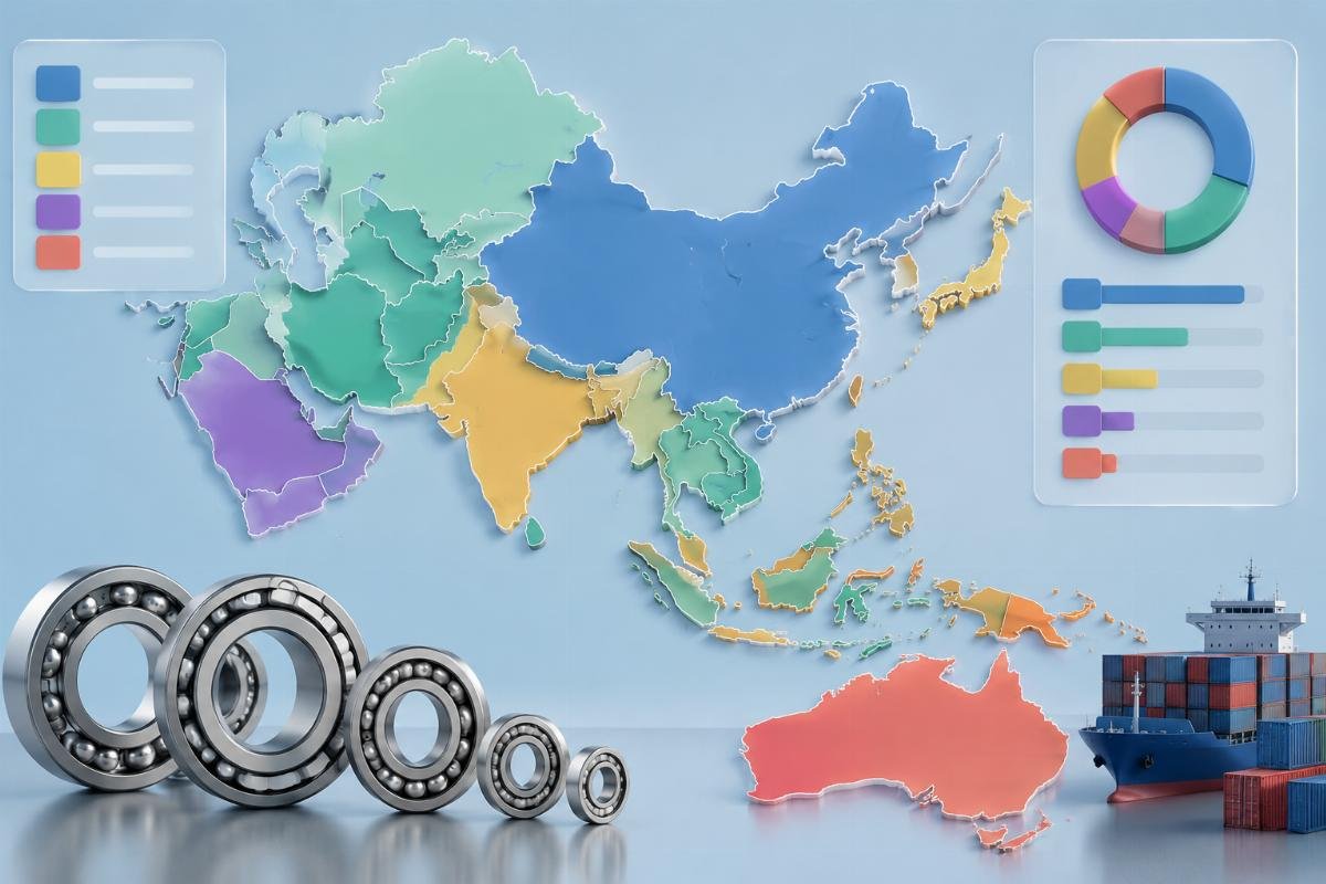 A regional map marking FTA eligible zones for Chinese bearing exports
