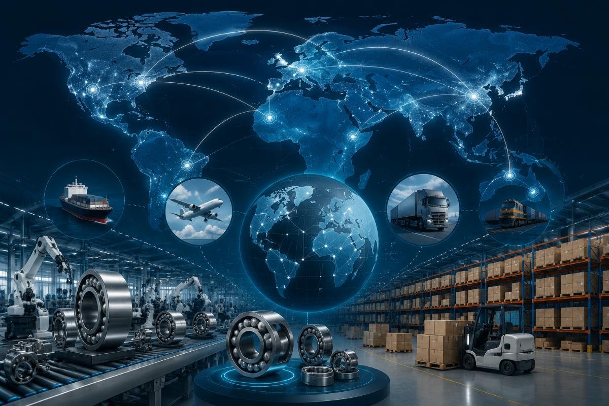 Global bearing logistics network showing manufacturing hubs, distribution centers, and typical delivery timeframes Global Bearing Supply Chain