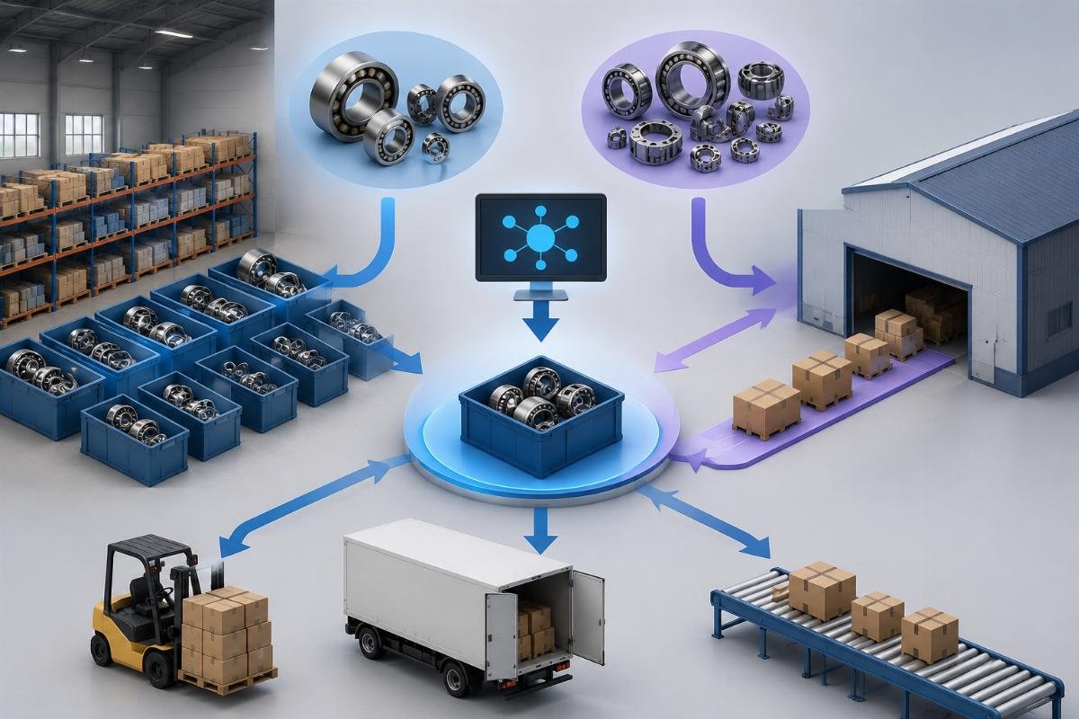 Supplier fulfillment workflow diagram showing in-house stock for core SKUs and supplier direct shipping for long-tail SKUs