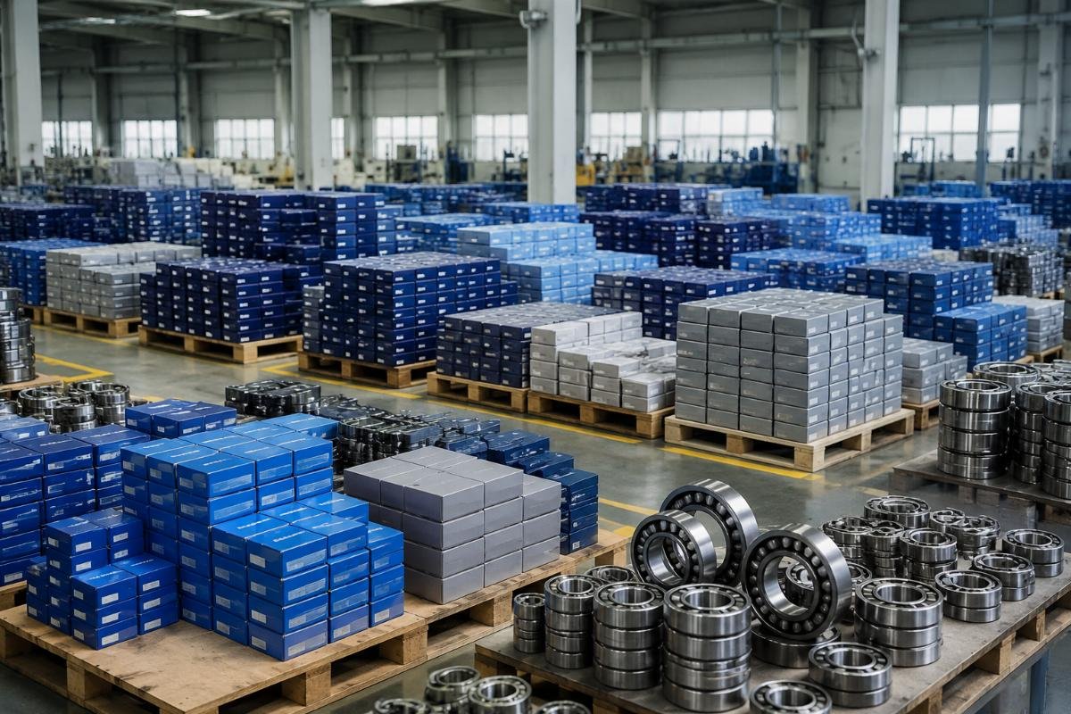 Warehouse storage area showing categorized in-stock bearing SKUs ready for dispatch