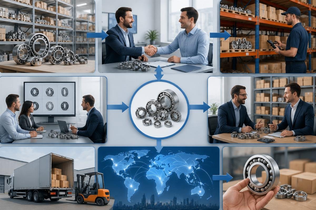 A structured workflow for new bearing distributors showing inventory, supplier and customer alignment