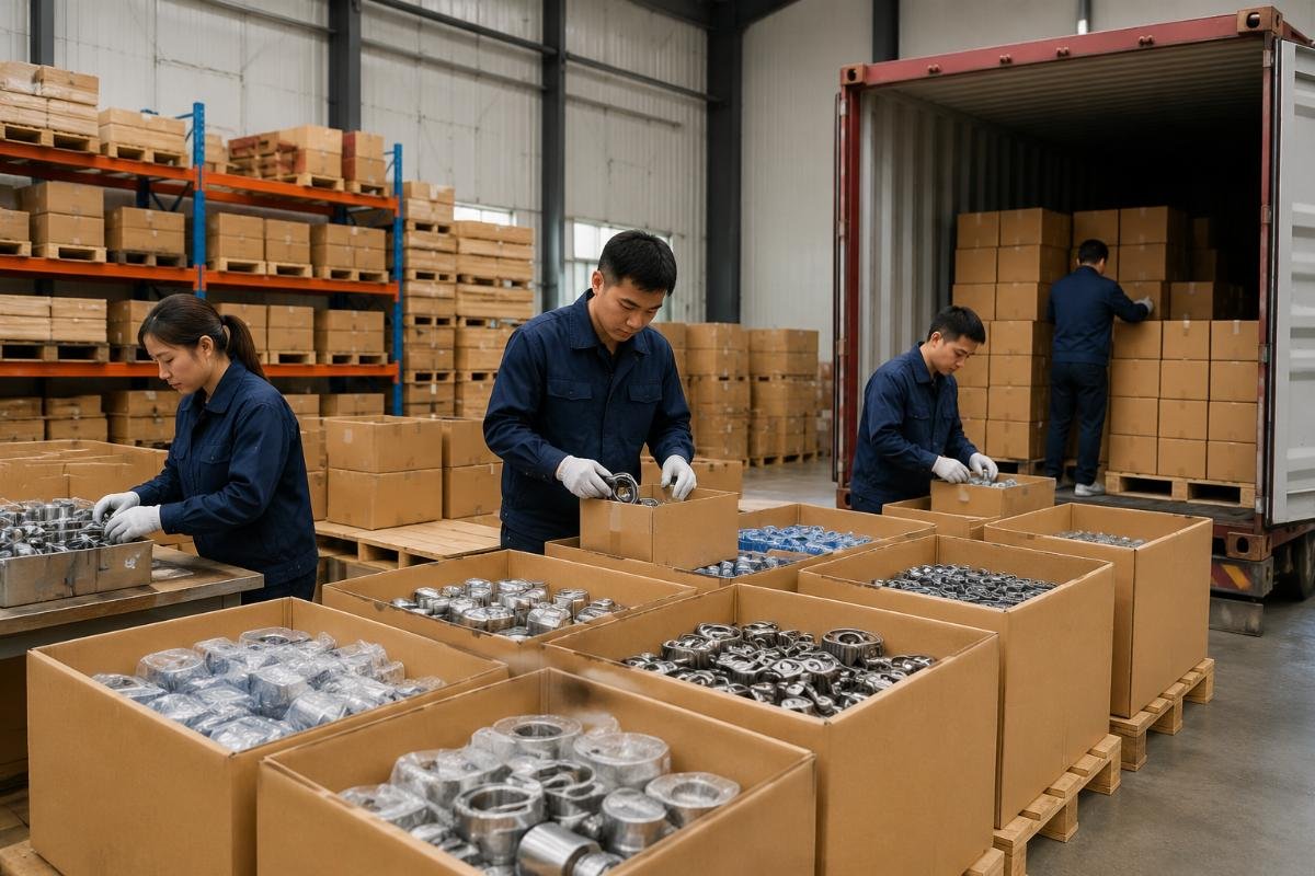 A warehouse team sorting mixed bearing SKUs into labeled cartons for container loading