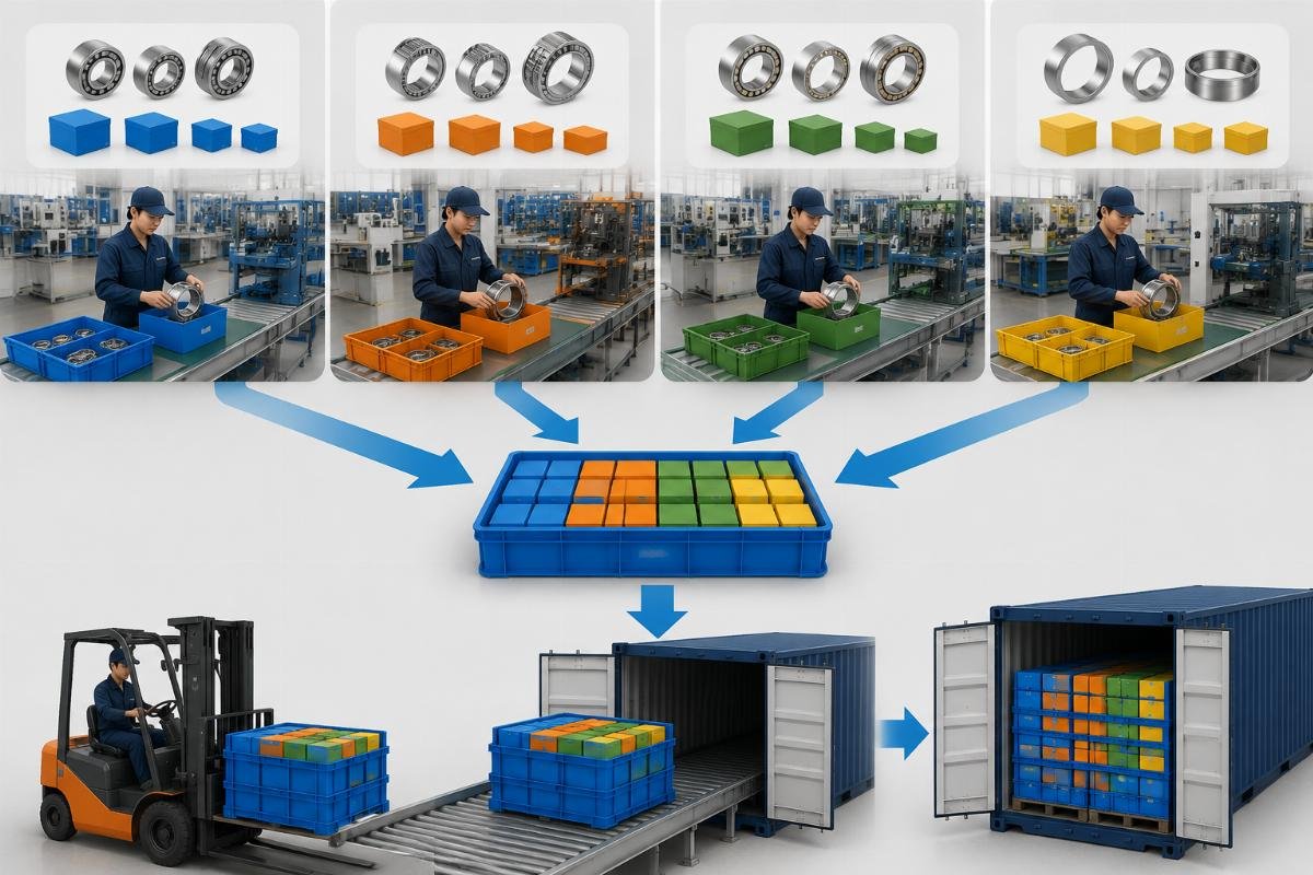 Mixed SKU bearing container consolidation workflow Process flow showing how mixed SKU orders are consolidated into a single shared container