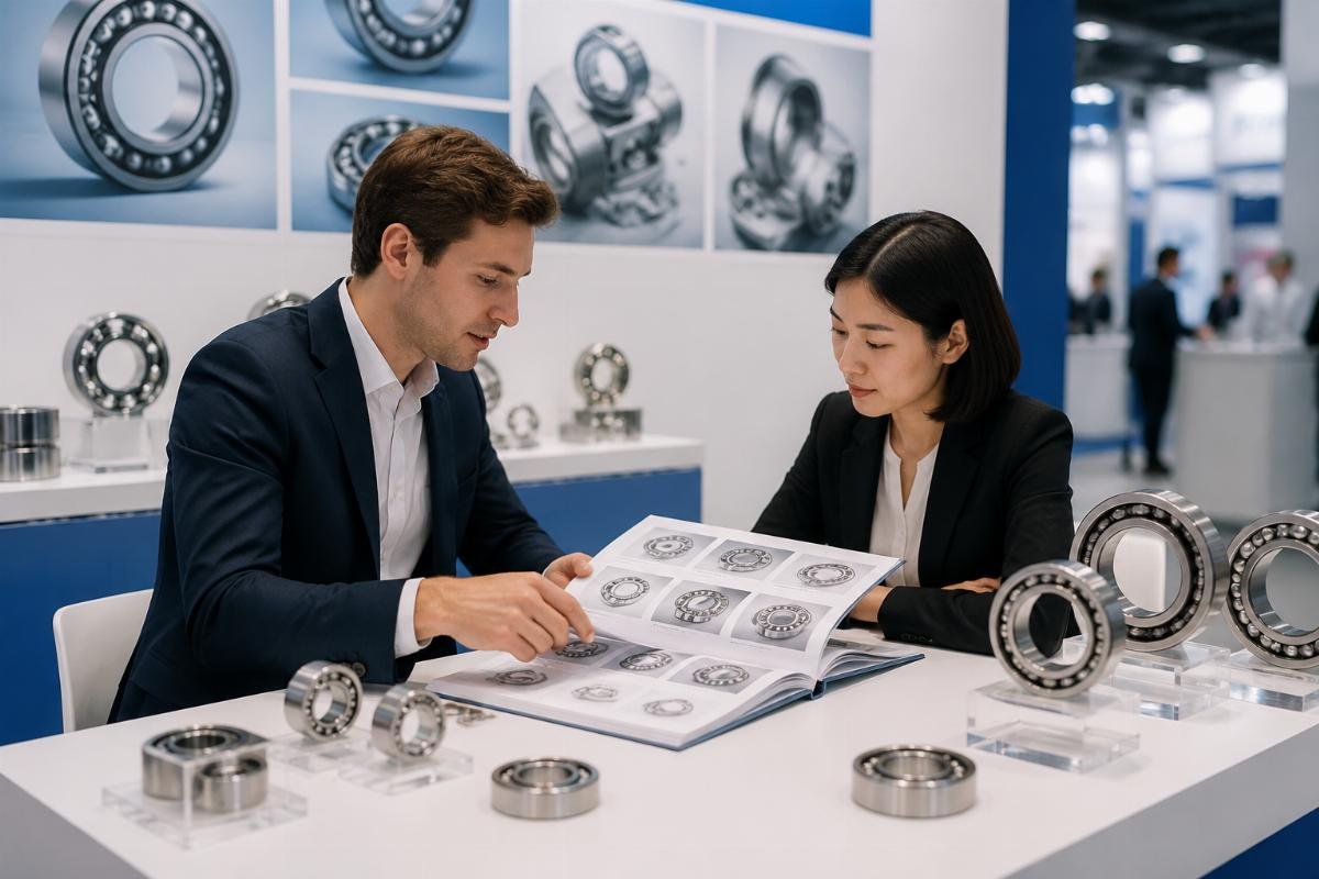 A buyer reviewing a catalog of mixed SKU bearing options at a trade show booth