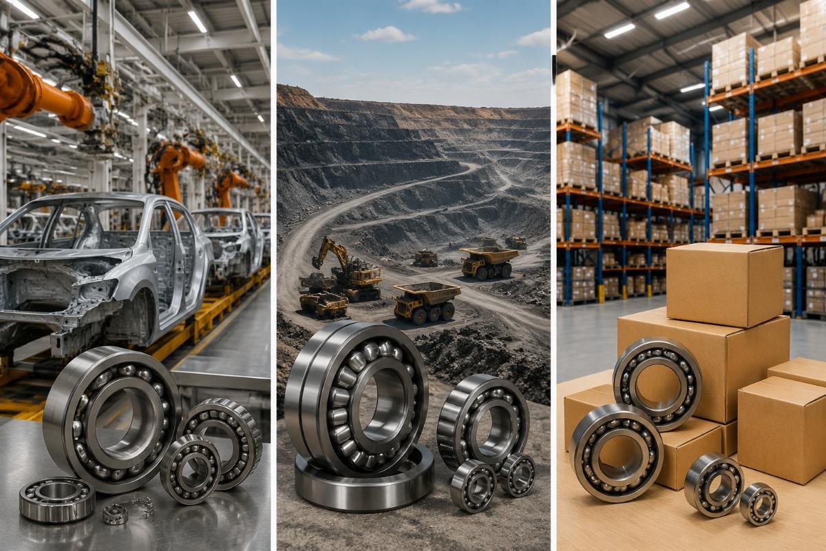 Three case study snapshots showing cost savings and lead time results for automotive, mining, and resale bearing orders
