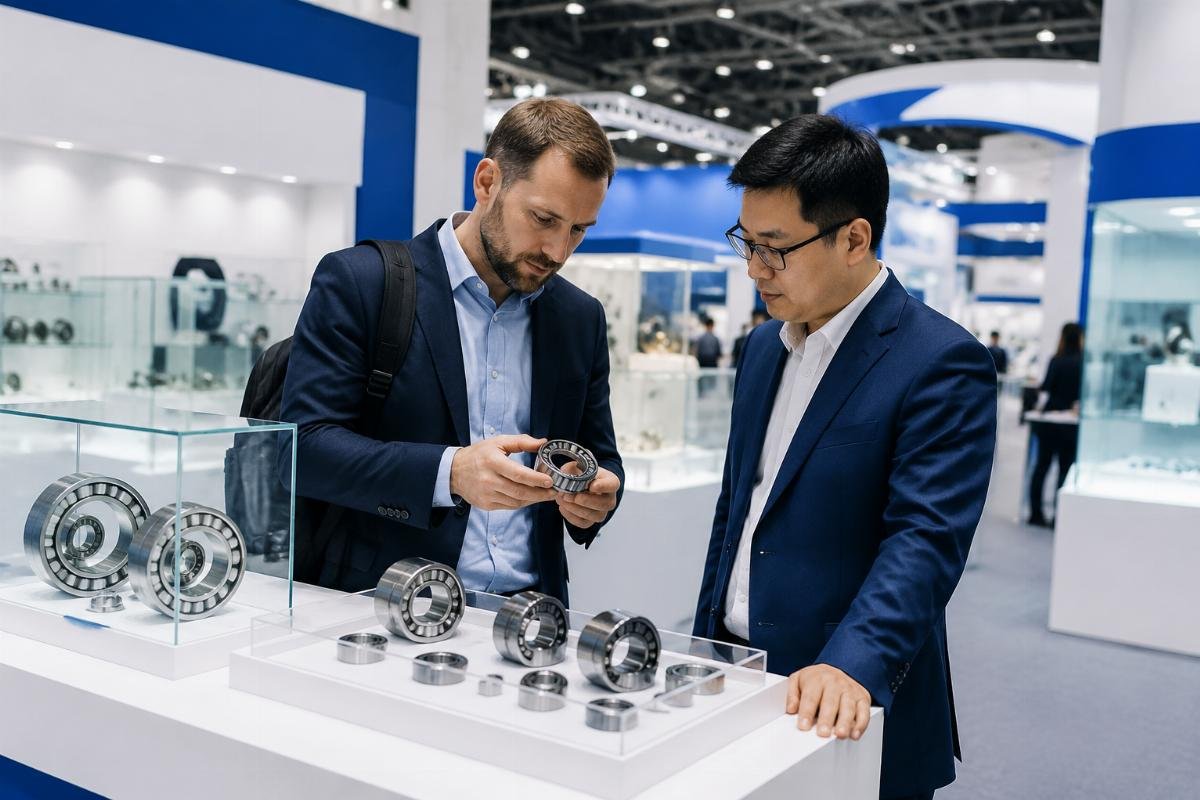 A visitor reviewing product samples at a bearing supplier booth during a major industrial trade show