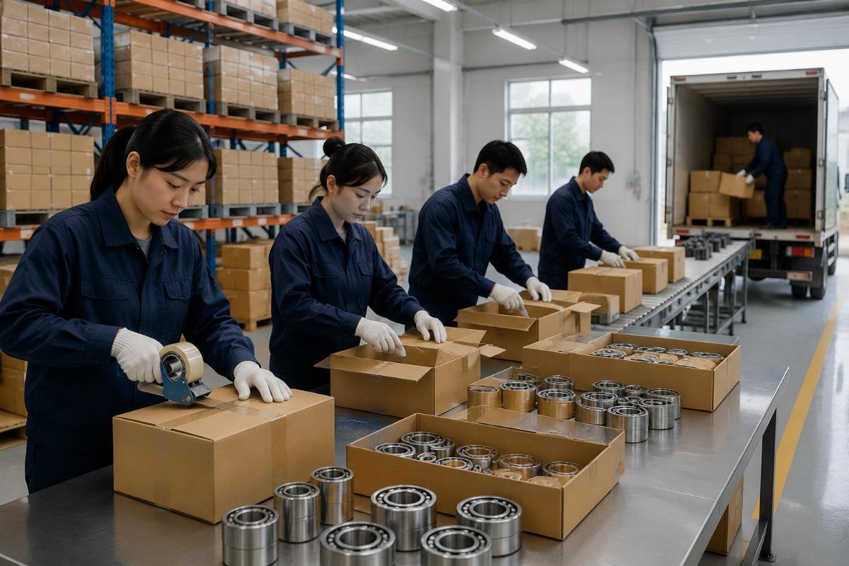 Same-day bearing order fulfillment process A warehouse team packing bearing orders into DHL shipping boxes
