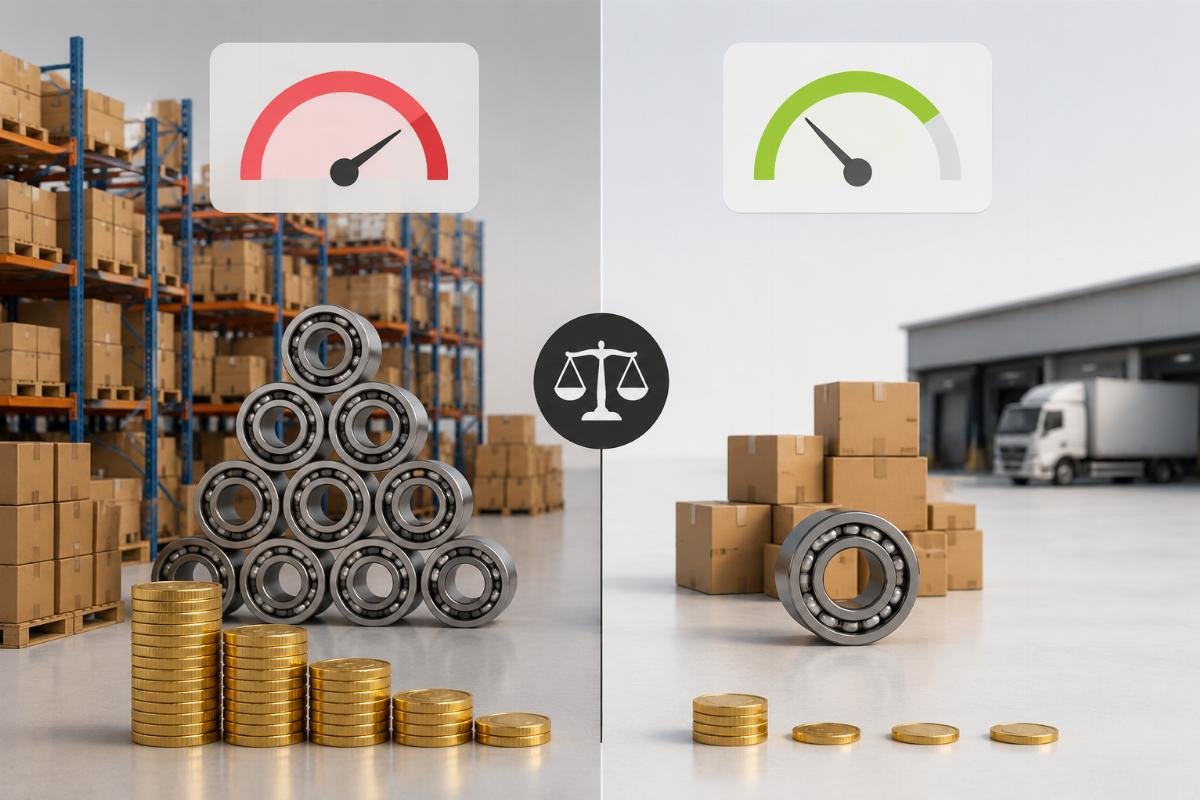 A comparison chart showing startup capital requirements for overstock vs supplier-aligned bearing distribution models