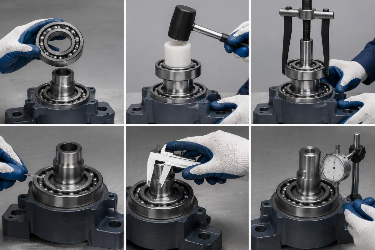 Step-by-step bearing installation process showing proper tool usage and measurement verification Bearing Installation Best Practices