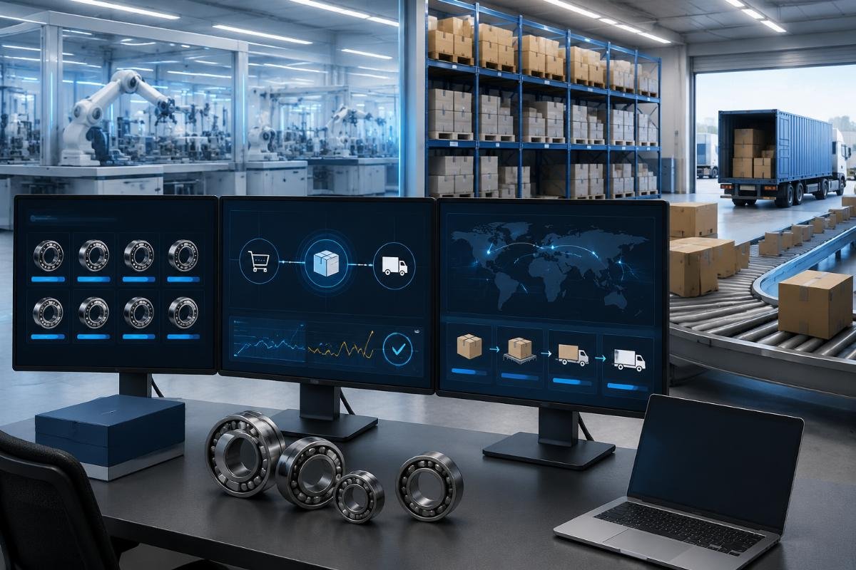 A structured workflow dashboard showing pre-approved SKU lists, automatic restock triggers, and consolidated order tracking for repeat bearing purchases