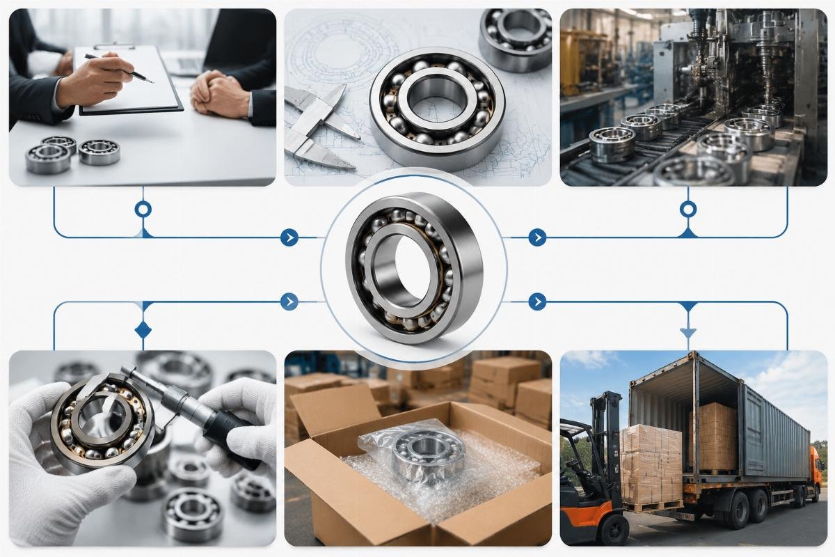 A workflow showing how to add inspection and spec terms to an Alibaba bearing order