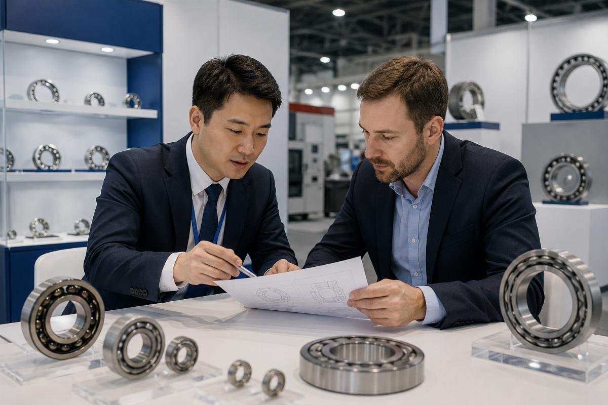 A technical specialist reviewing bearing specification sheets with a buyer at a trade show