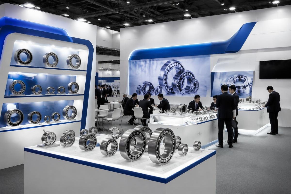 Targeted bearing trade show booth setup Bearing trade show booth with targeted SKU display for industrial buyers