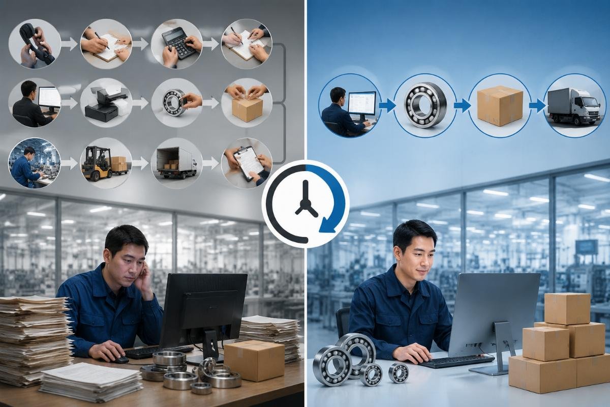 Time savings comparison for streamlined bearing repeat orders Side-by-side comparison of manual repeat order steps vs automated streamlined steps showing time saved per order