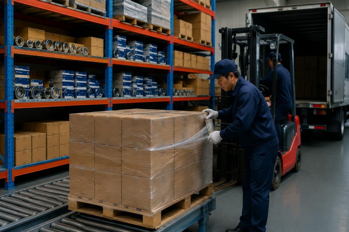 Urgent bearing order same-day dispatch preparation A warehouse shelf holding labeled bearing SKU boxes with a DHL shipping label on a ready-to-ship pallet