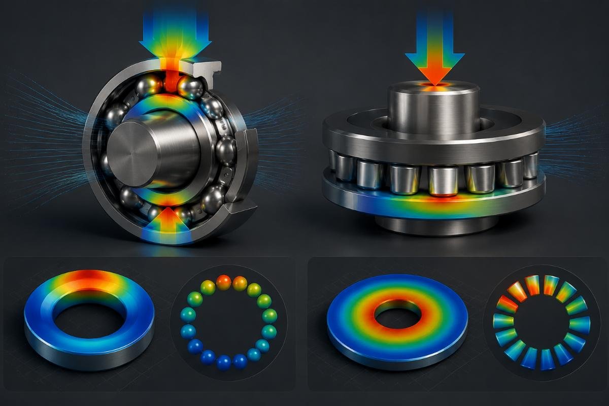 Visualization of load distribution in radial vs thrust bearing designs under dynamic conditions Bearing Load Distribution Patterns